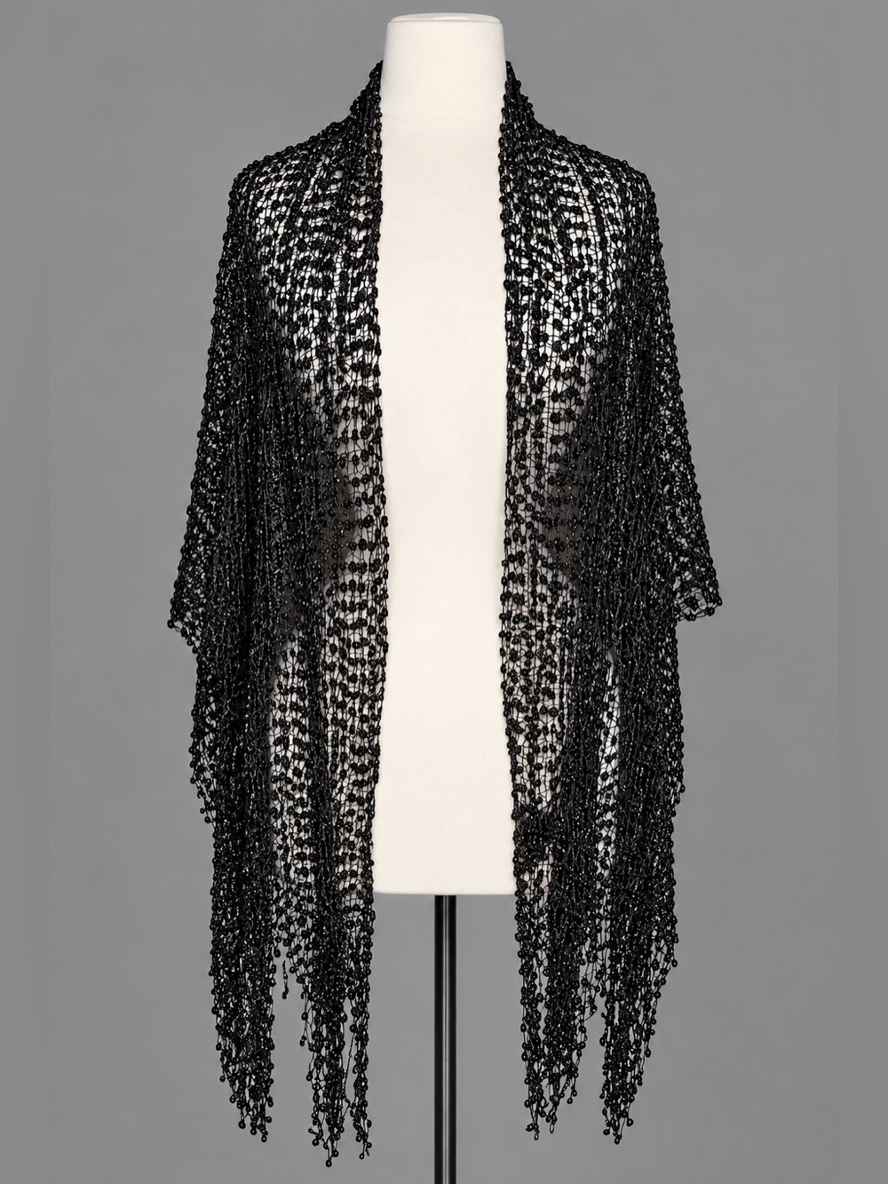 Gardy Black Shimmer Open Knit Mesh Shawl Wrap Scarf Fringe Evening Boho